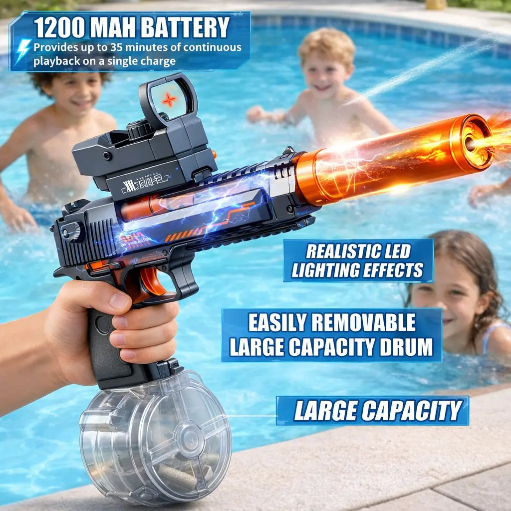 Electric Water Blaster Toy with LED Light Effects, Rechargeable Automatic Water Toy with Large Capacity Drum, Long Range Summer Pool Beach Outdoor Toy for Kids Boys Girls