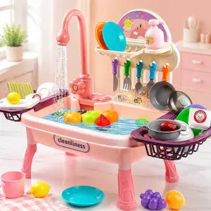 Kids Play Sink Toy for Toddlers, Pretend Kitchen Sink Set with Running Water Faucet, Play Dishes