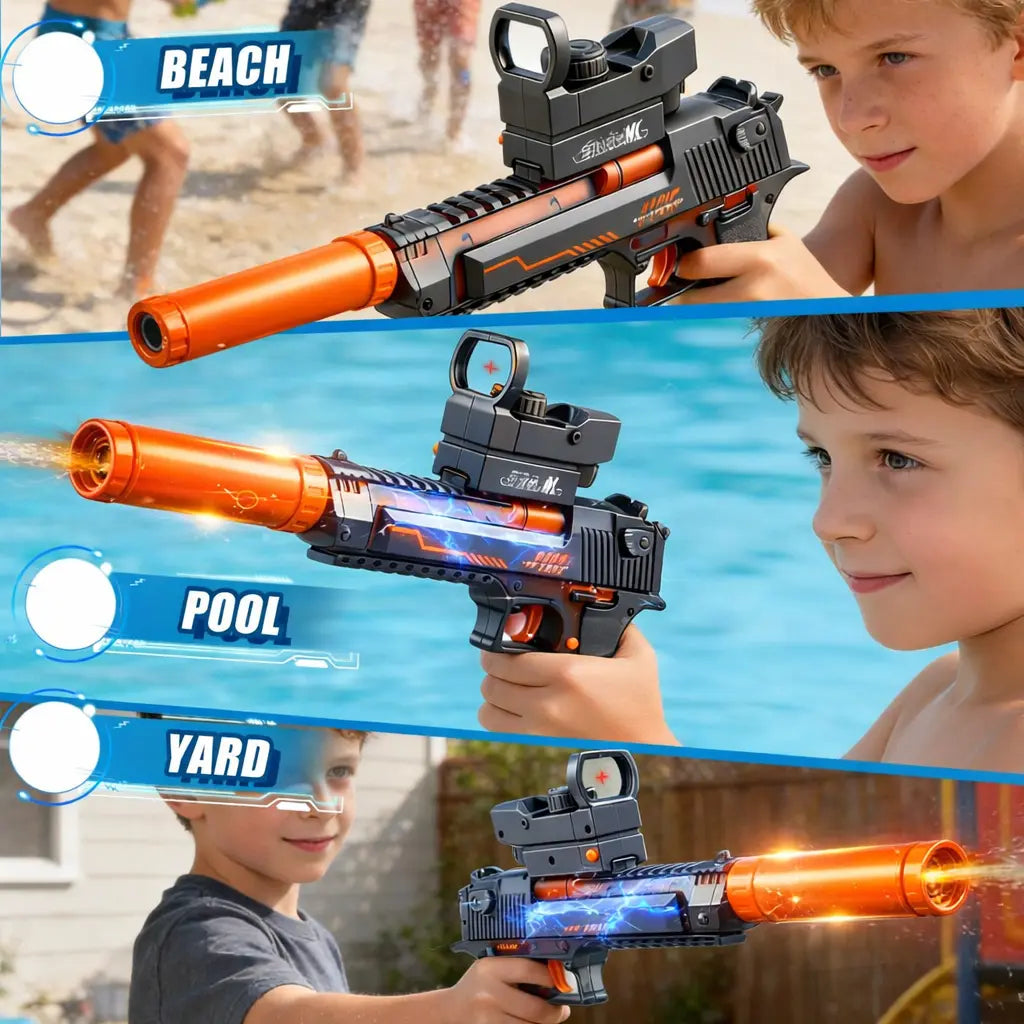 Electric Water Blaster Toy with LED Light Effects, Rechargeable Automatic Water Toy with Large Capacity Drum, Long Range Summer Pool Beach Outdoor Toy for Kids Boys Girls